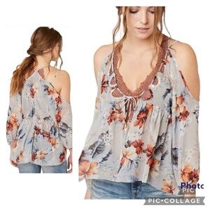 Gimmicks by BKE Floral Cold Shoulder High Low Grey Top XS Boho Peasant Flowy Mod